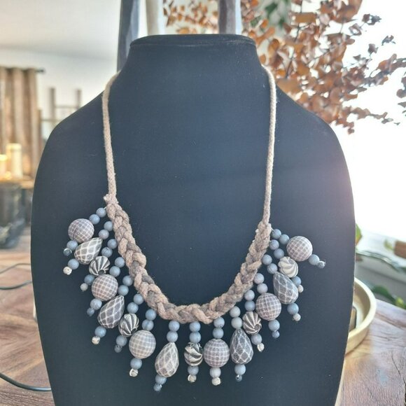 Braided Fringe Necklace‎ Gray Plastic 20 Inch Adjustable Boho Dangle - Picture 7 of 7